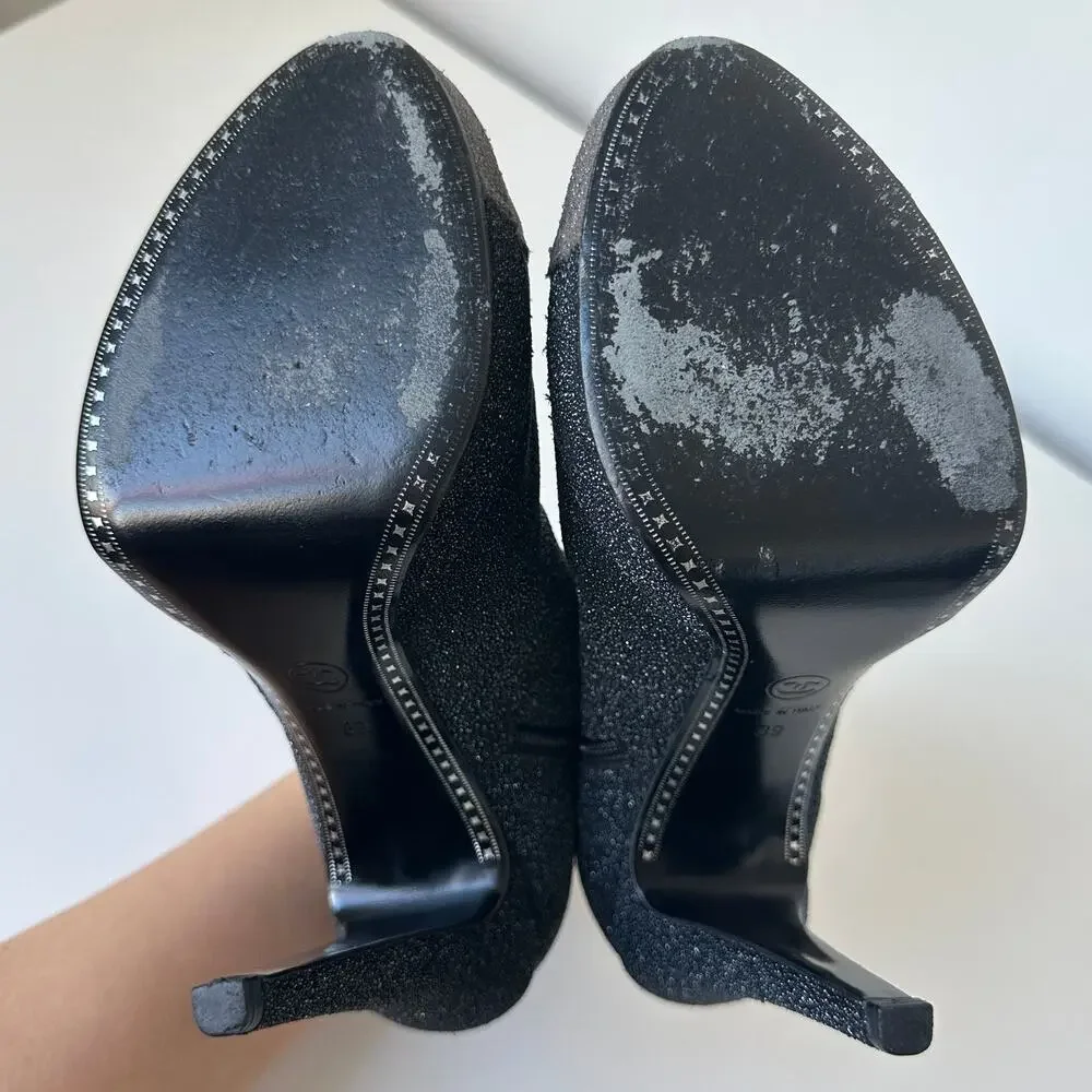 Chanel Black CC Sparkle Glitter Cap Toe Platform Short Boots IT 39